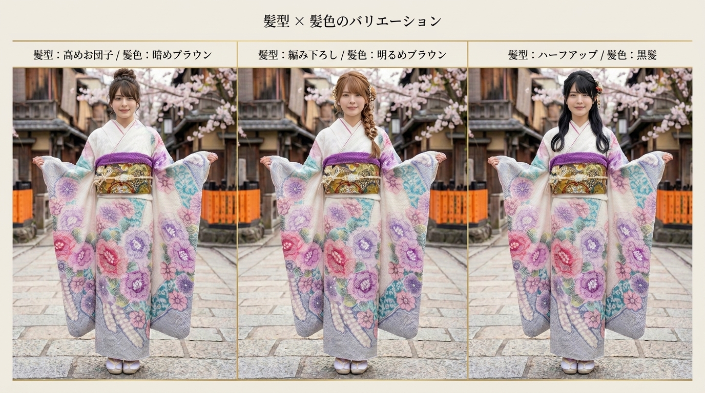 同じ振袖 × 髪型・髪色のバリエーション比較